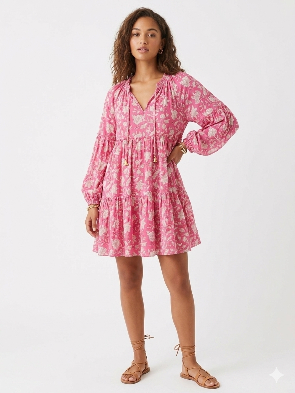 Women's Pink Floral Tiered Mini Dress with Long Sleeves 100% Viscose